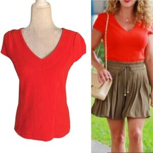Anthropologie Postmark Astor Red Orange Stretchy Textured V-Neck Top - M